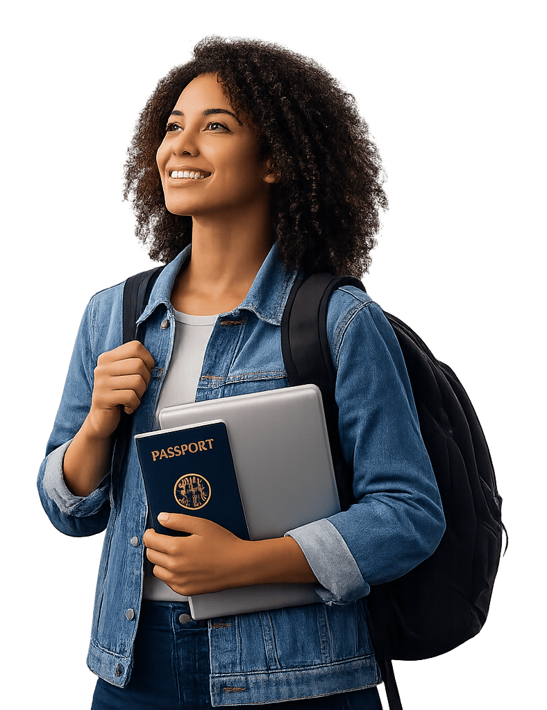 Happy student looking at a laptop, representing a successful study abroad journey